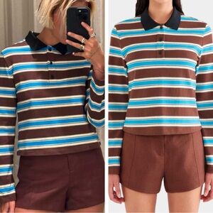NWOT VENROY Striped Jersey Polo Striped Retro Rugby Long Sleeve Cropped Top L